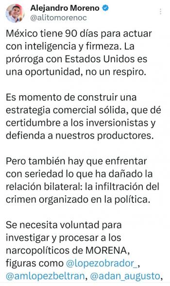 Alito Moreno pide actuar con firmeza ante pr&oacute;rroga con EU y exige investigar a 