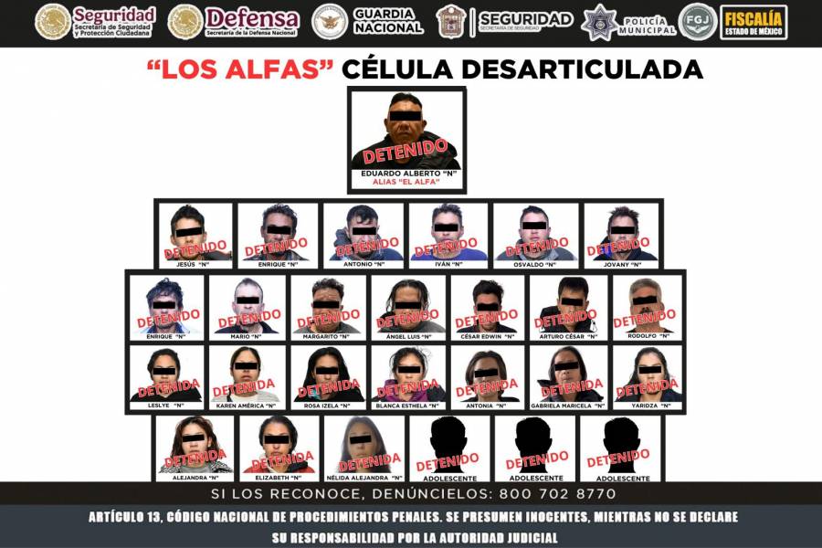 Desmantelan célula delictiva “Los Alfas” en Toluca y Zinacantepec: 27 detenidos por secuestro, homicidio y extorsión