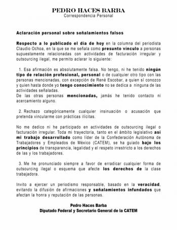 Pedro Haces niega vínculos con outsourcing ilegal y facturación irregular