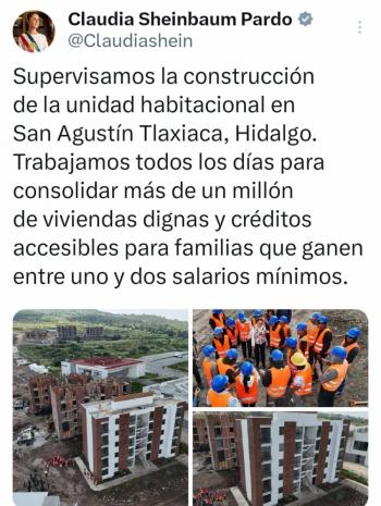 Sheinbaum supervisa construcción de vivienda social en Hidalgo