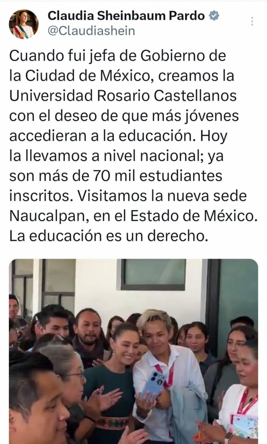 Sheinbaum destaca expansión de la Universidad Rosario Castellanos a nivel Nacional
