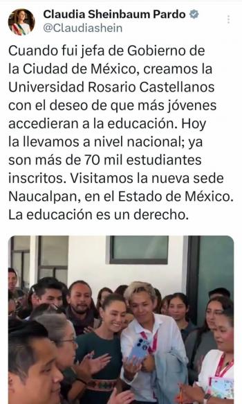 Sheinbaum destaca expansi&oacute;n de la Universidad Rosario Castellanos a nivel Nacional