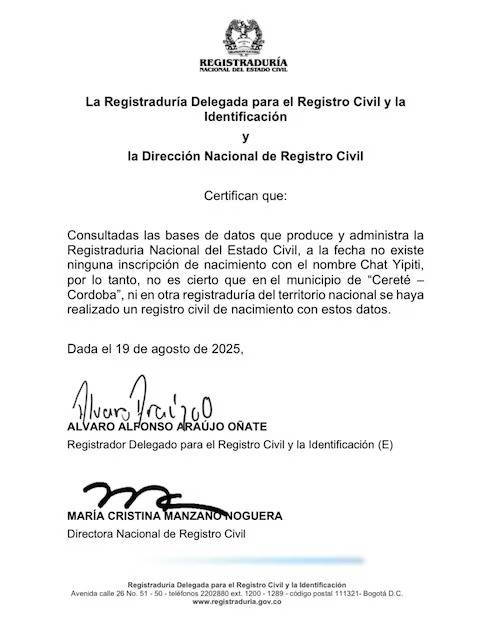 Registraduría de Colombia desmiente registro de bebé llamada “Chat Yipiti”