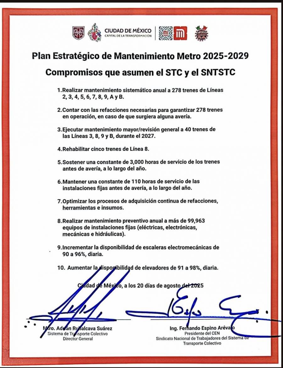 Firman Plan Estratégico de Mantenimiento del Metro 2025–2029