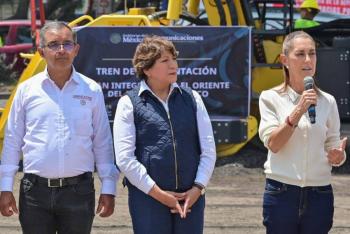 Claudia Sheinbaum y Delfina G&oacute;mez ponen en marcha trenes de pavimentaci&oacute;n en el oriente del Estado de M&eacute;xico