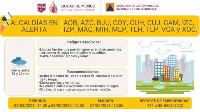 Activan Alerta Amarilla por lluvias fuertes en toda la CDMX