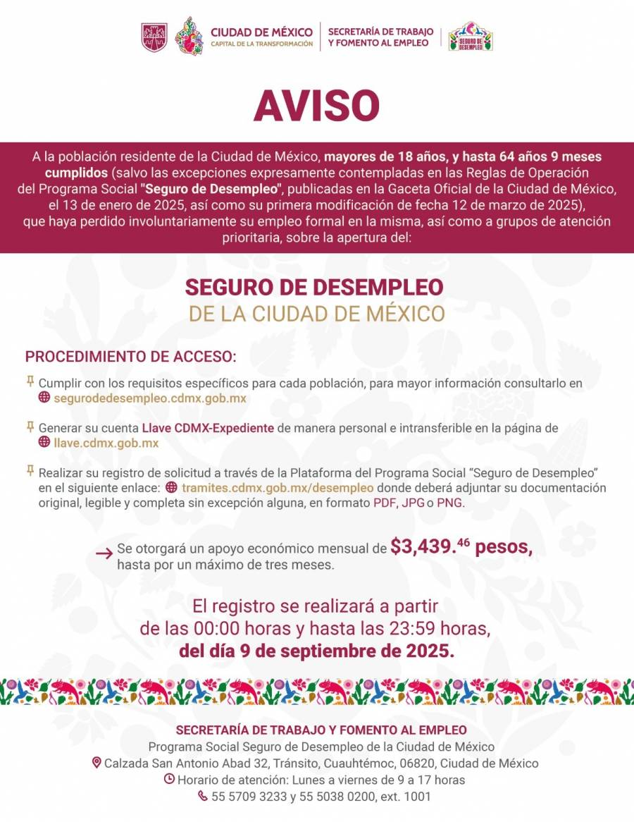 Seguro de desempleo CDMX: inscripción será el 9 de septiembre por un solo día