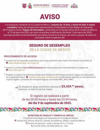 Seguro de desempleo CDMX: inscripci&oacute;n ser&aacute; el 9 de septiembre por un solo d&iacute;a