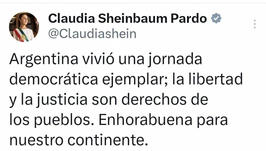 Claudia Sheinbaum celebra jornada democrática en Argentina tras derrota electoral de Milei