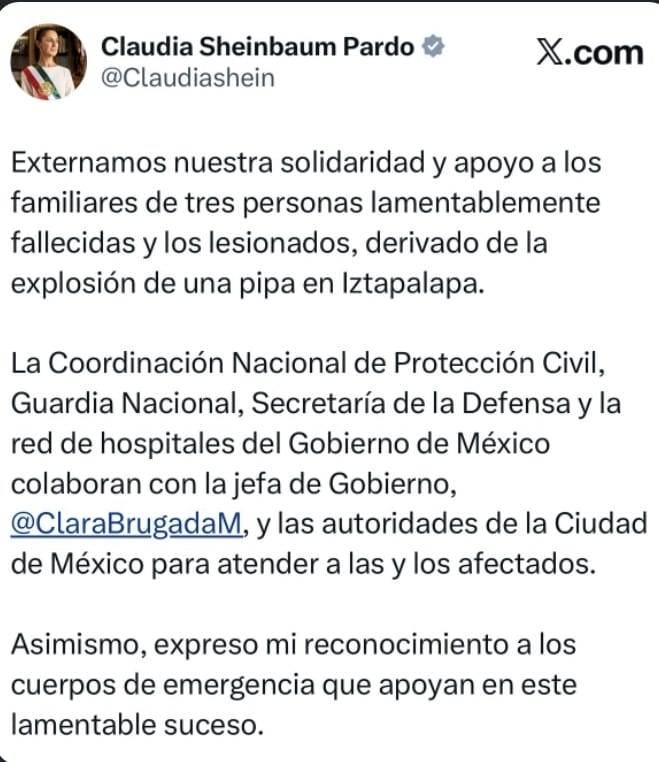 Sheinbaum expresa solidaridad con deudos y afectados por explosión de pipa en Iztapalapa