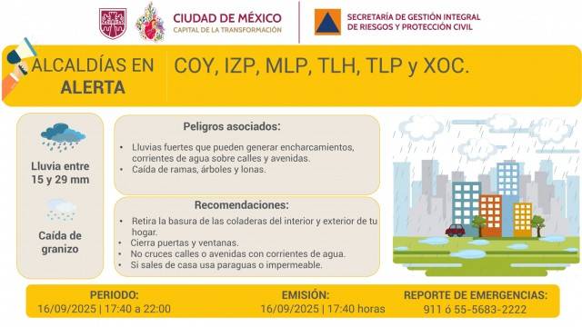 Se activa alerta amarilla en CDMX por lluvias fuertes y posible caída de granizo para esta tarde