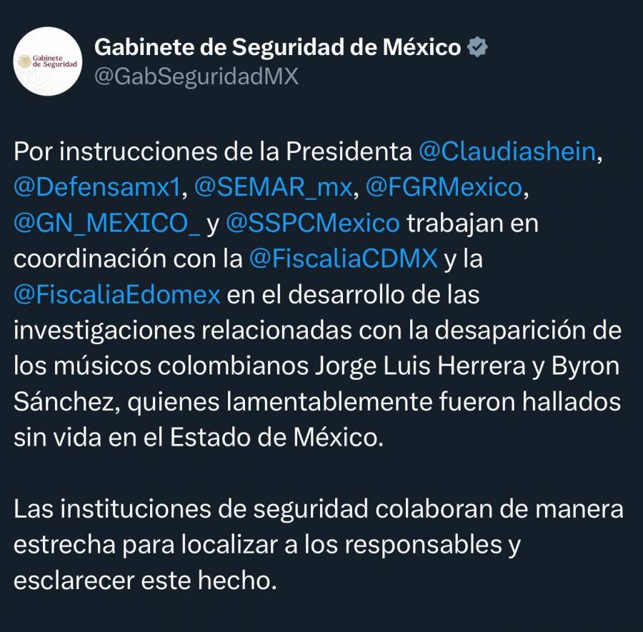 Gobierno de México coordina investigación por homicidio de músicos colombianos en Edomex