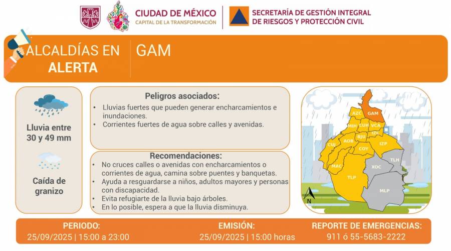 Activan Alerta Naranja por lluvias intensas y granizo en Gustavo A. Madero; otras 13 alcaldías bajo Alerta Amarilla