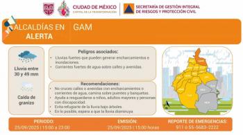 Activan Alerta Naranja por lluvias intensas y granizo en Gustavo A. Madero; otras 13 alcald&iacute;as bajo Alerta Amarilla