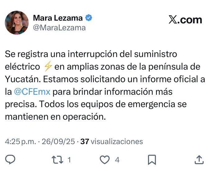 Apagón masivo afecta a Yucatán, Campeche y Quintana Roo