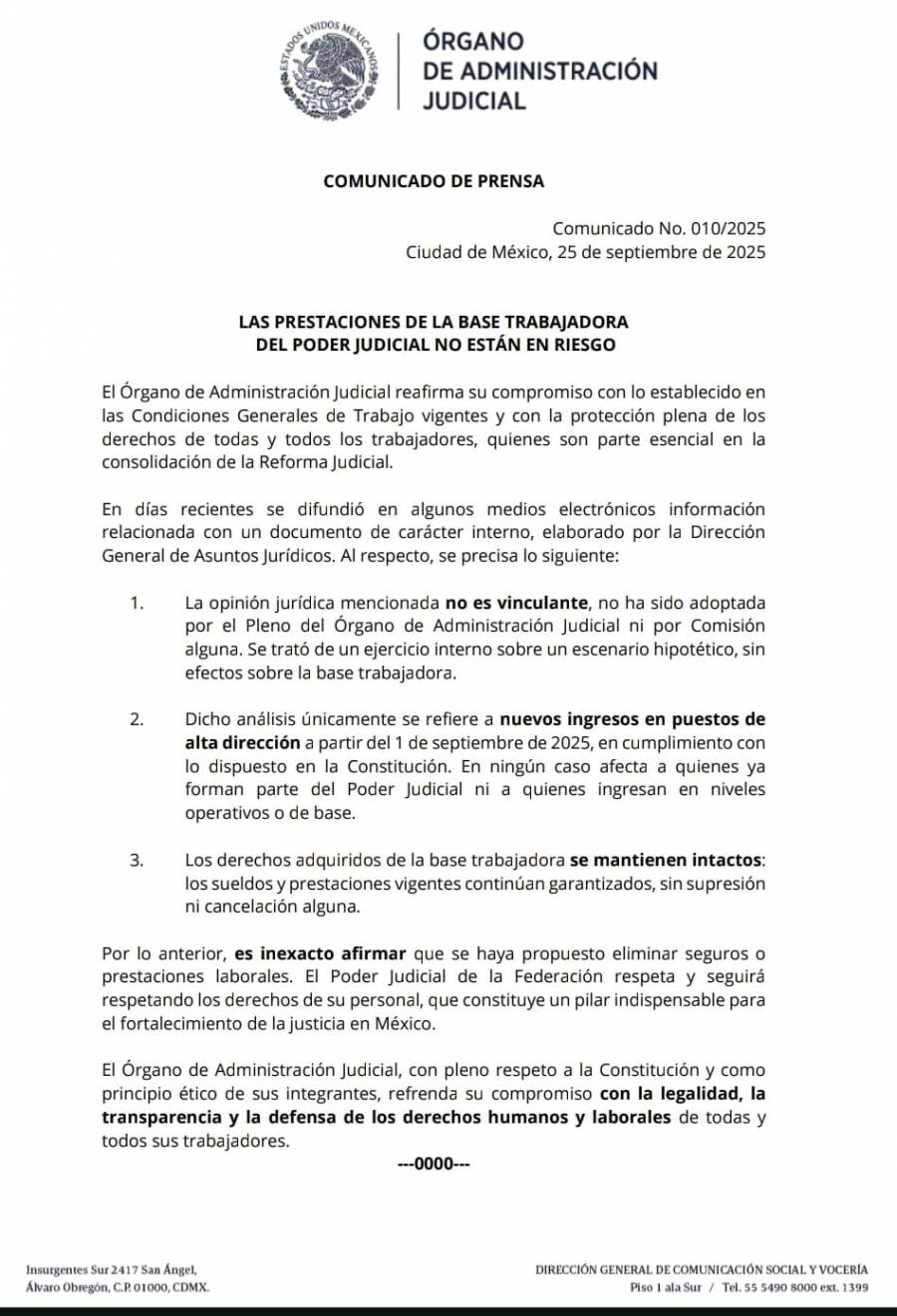 Prestaciones de la base trabajadora del Poder Judicial no est&aacute;n en riesgo, recula OAJ; quitarles seguros de gastos m&eacute;dicos y de separaci&oacute;n fue s&oacute;lo un an&aacute;lisis interno