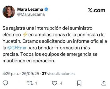 Apag&oacute;n masivo afecta a Yucat&aacute;n, Campeche y Quintana Roo