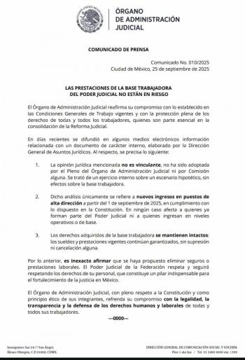 Prestaciones de la base trabajadora del Poder Judicial no est&aacute;n en riesgo, recula OAJ; quitarles seguros de gastos m&eacute;dicos y de separaci&oacute;n fue s&oacute;lo un an&aacute;lisis interno
