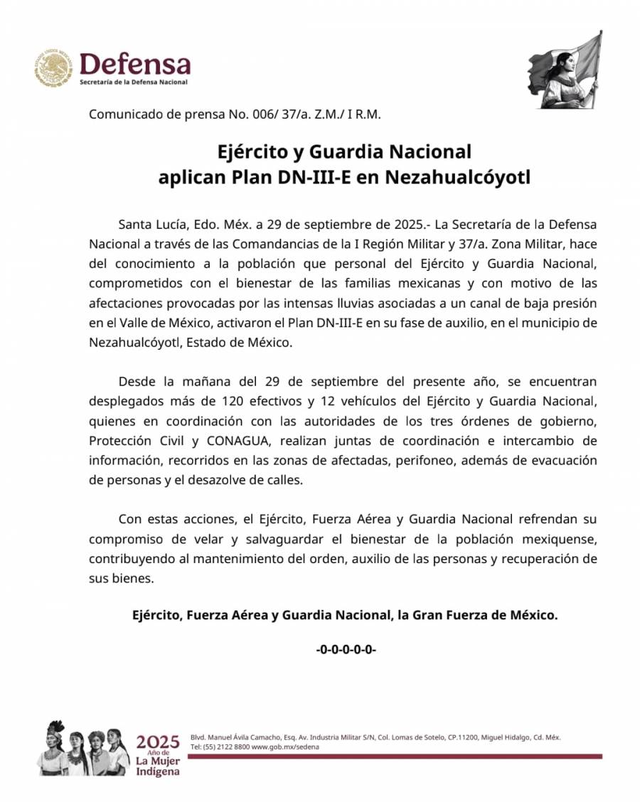 Ejército despliega Plan DN-III-E en Nezahualcóyotl ante fuertes inundaciones