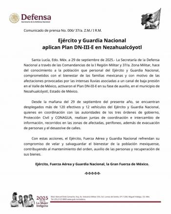 Ej&eacute;rcito despliega Plan DN-III-E en Nezahualc&oacute;yotl ante fuertes inundaciones