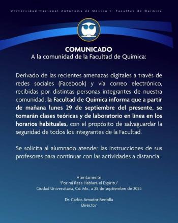 UNAM suspende clases presenciales en Facultad de Qu&iacute;mica por amenazas tras ataque en CCH Sur