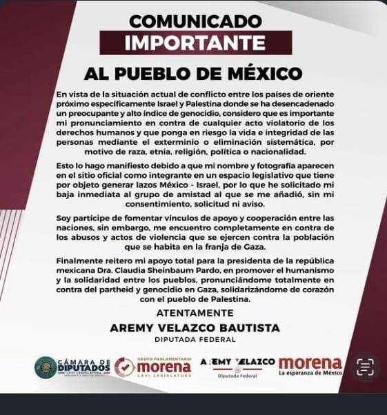 Diputados de Morena renunciaron a integrarse al grupo de amistad México-Israel y se solidarizan con Palestina