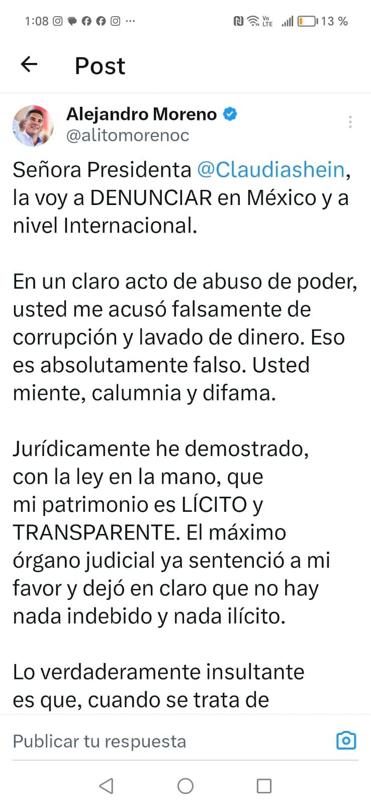 Alito Moreno anuncia que denunciará a Claudia Sheinbaum por presuntas calumnias