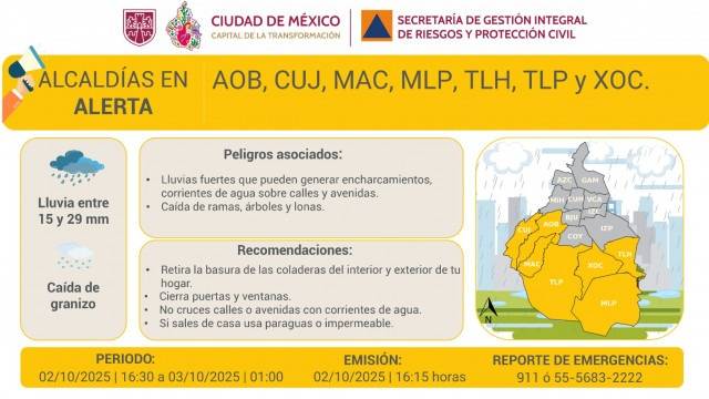 CDMX activa alerta amarilla por lluvias fuertes y posible granizo entre jueves y viernes