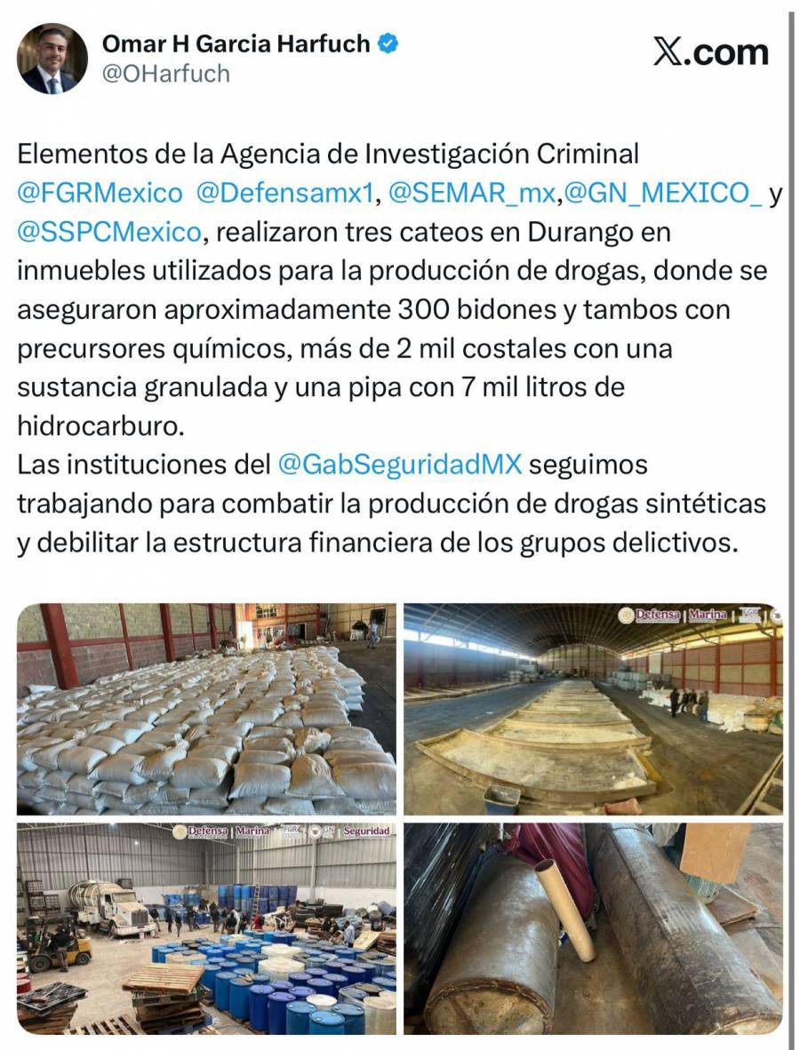 Autoridades aseguran precursores químicos y marihuana en operativo contra drogas sintéticas durante cateos en Durango