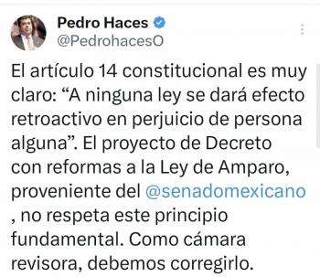 Diputado Haces alerta que reformas a la Ley de Amparo viola el art&iacute;culo 14 constitucional