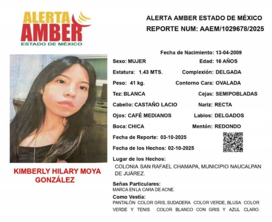 Contin&uacute;a b&uacute;squeda de Kimberly Moya, estudiante desaparecida en Naucalpan