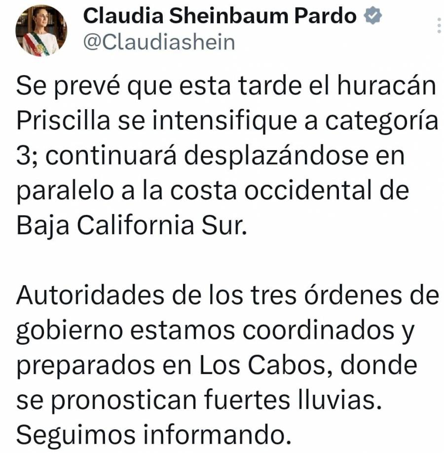 Sheinbaum alerta por el ingreso del huracán Priscilla a Baja California Sur