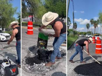 El Potro repara su primer bache en la CDMX, sobre el Perif&eacute;rico rumbo a San Jer&oacute;nimo