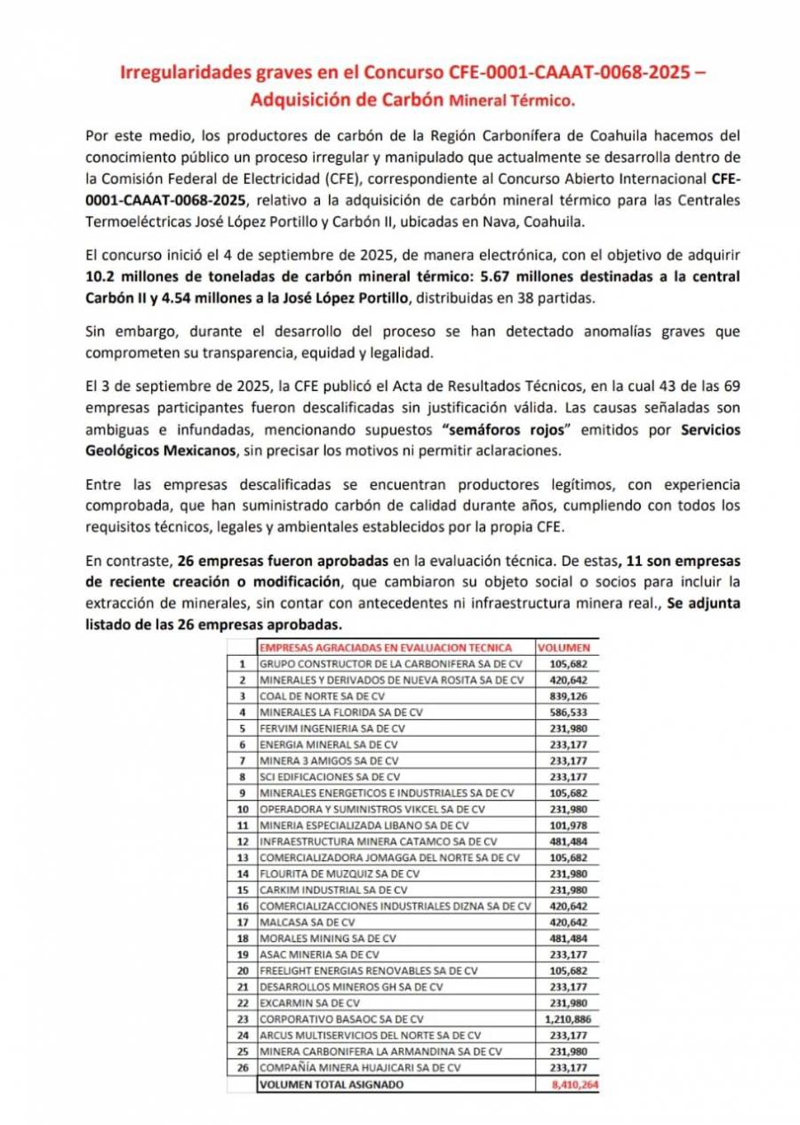 Productores de Coahuila alertan por impacto económico en licitación de la CFE