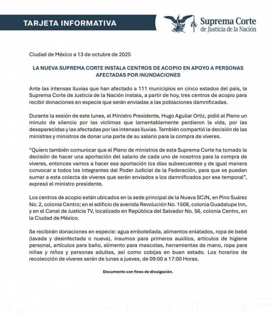 SCJN se une al Congreso para apoyar a damnificados por inundaciones