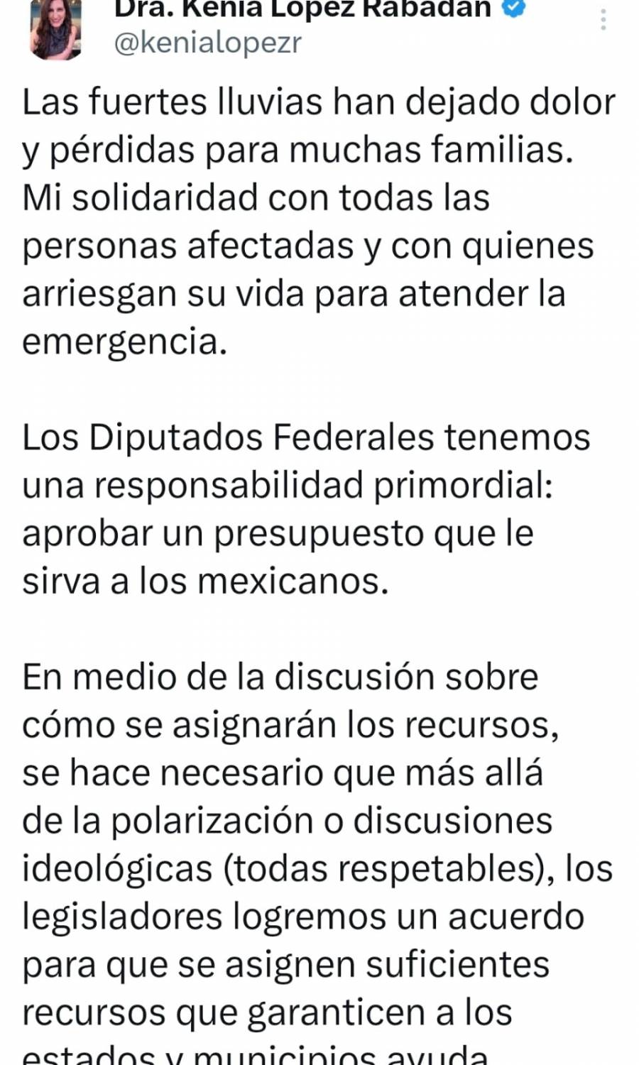 Se deben asignar recursos suficientes para apoyar a los damnificados por lluvias, afirma Kenia López Rabadán