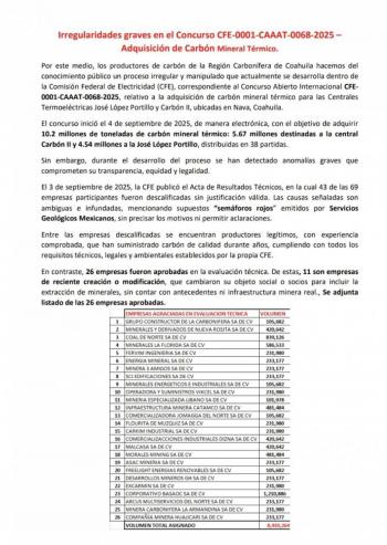 Productores de Coahuila alertan por impacto econ&oacute;mico en licitaci&oacute;n de la CFE