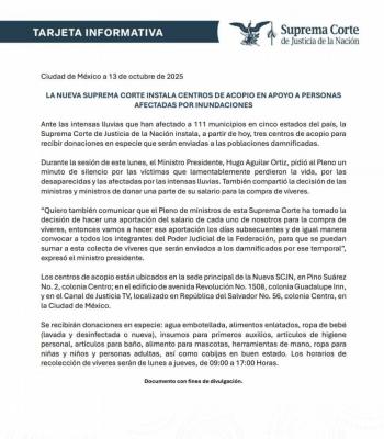 SCJN se une al Congreso para apoyar a damnificados por inundaciones