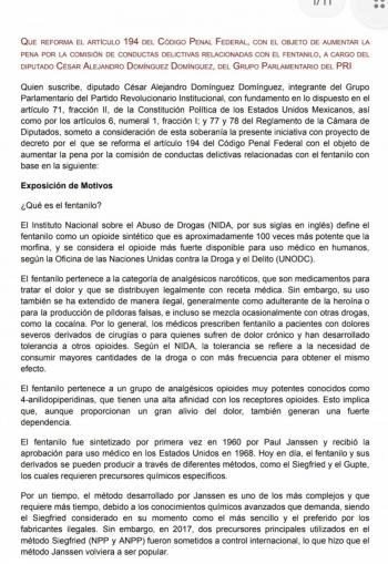 Propone PRI hasta 60 a&ntilde;os de prisi&oacute;n por delitos relacionados con fentanilo