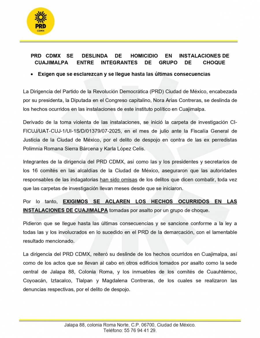 PRD CDMX rechaza responsabilidad en homicidio de Cuajimalpa y exige aclaración inmediata