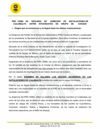 PRD CDMX rechaza responsabilidad en homicidio de Cuajimalpa y exige aclaraci&oacute;n inmediata