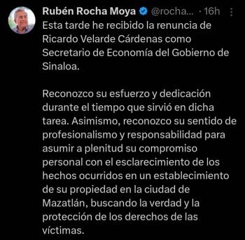 Renuncia Ricardo Velarde C&aacute;rdenas como secretario de Econom&iacute;a de Sinaloa tras cateo en su negocio