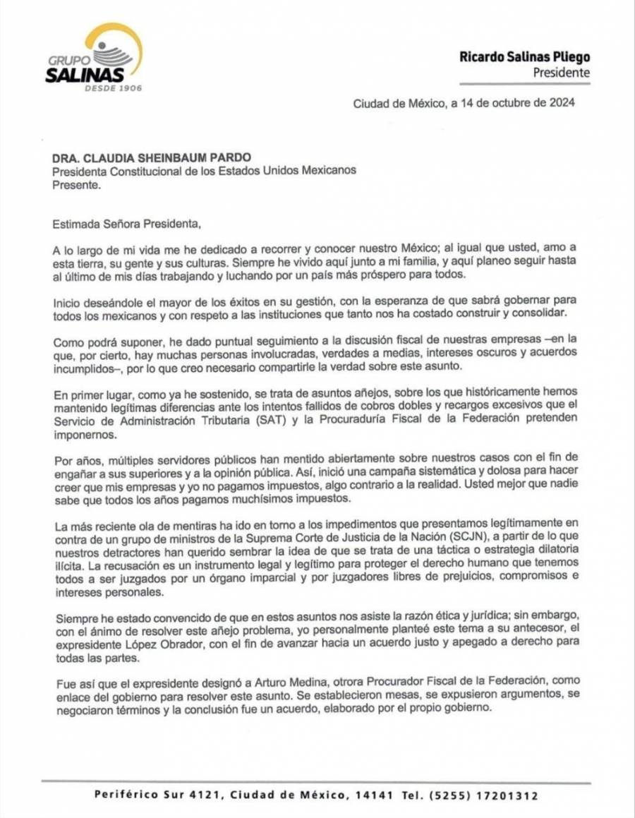 Presidenta pide aclarar carta de Grupo Salinas sobre deuda fiscal y acuerdo previo con Arturo Medina