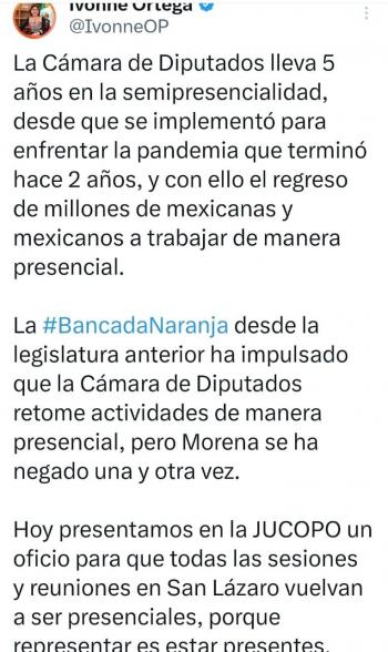 MC pide que la C&aacute;mara de Diputados retome la presencialidad tras 7 a&ntilde;os de sesiones virtuales