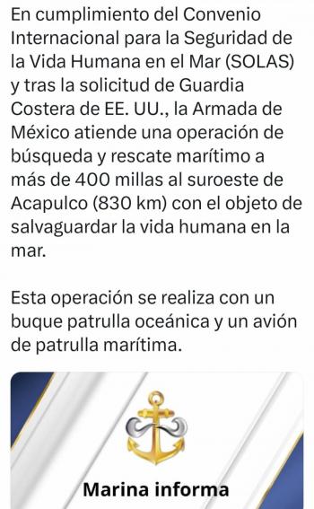 Semar opera rescate de presunto sobreviviente del ataque de EU en aguas internacionales: Sheinbaum