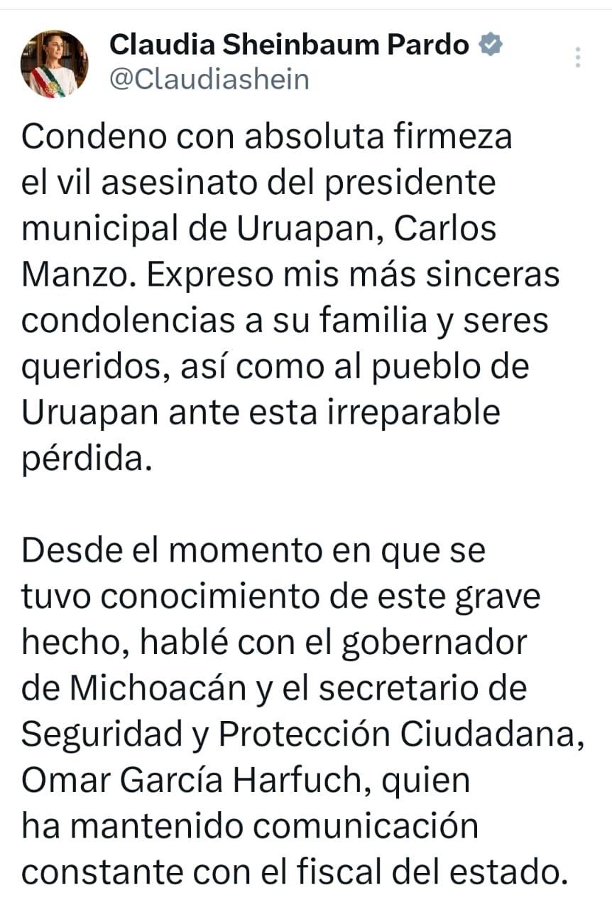 Sheinbaum condena asesinato del alcalde de Uruapan; Gobierno Federal ayudará a que no hay impunidad