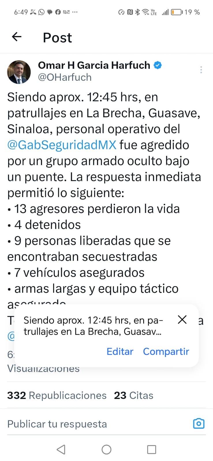 Abaten Fuerzas Armadas a 13 presuntos plagiarios y liberan a nueve personas en Guasave, Sinaloa