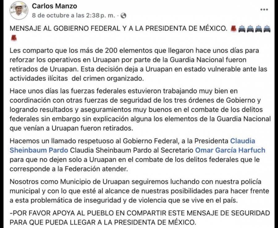 Alcalde de Uruapan denunció retiro de fuerzas federales en octubre que dejó vulnerable al municipio