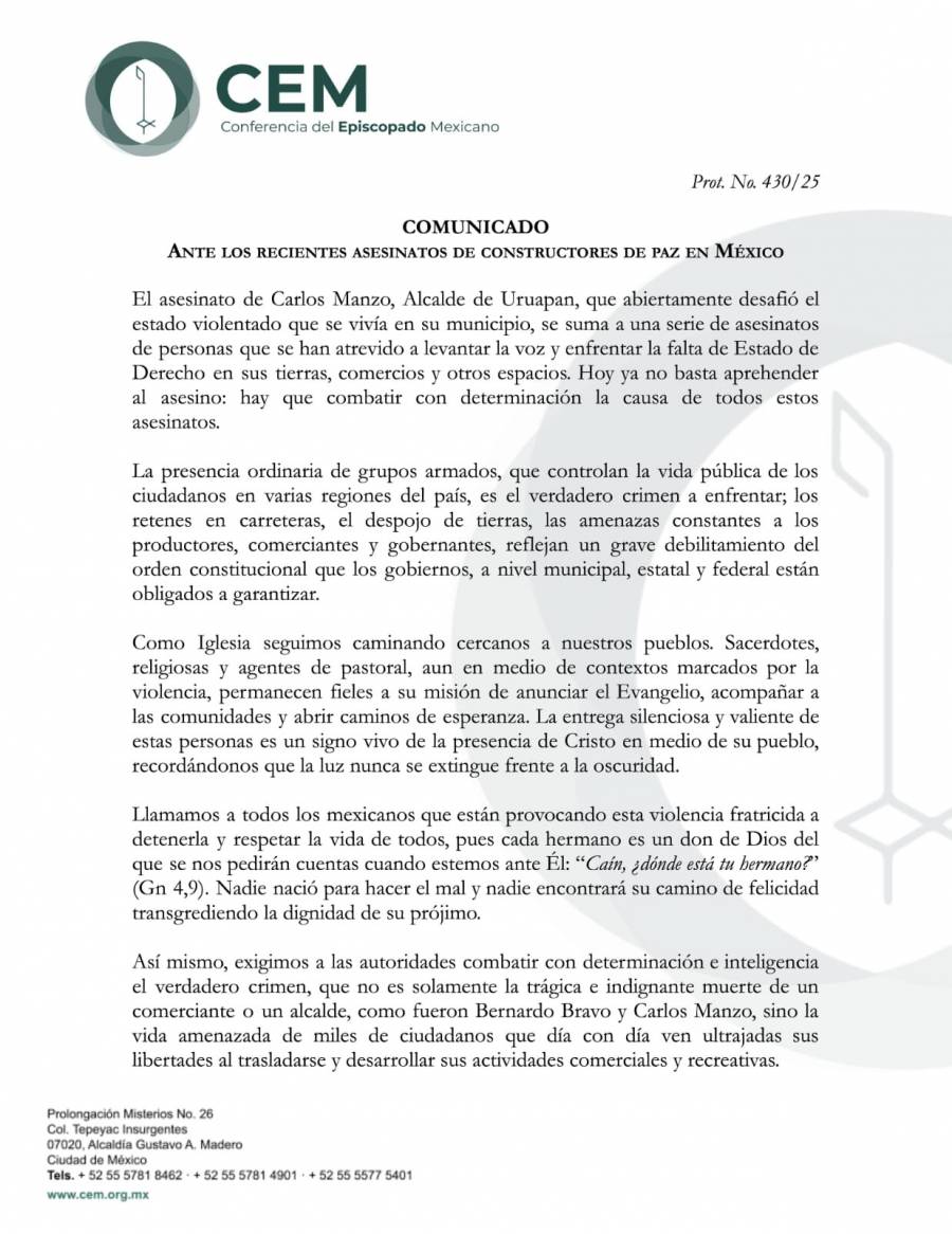 Iglesia cat&oacute;lica exige a autoridades frenar la violencia y restaurar el Estado de Derecho