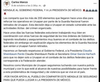 Alcalde de Uruapan denunci&oacute; retiro de fuerzas federales en octubre que dej&oacute; vulnerable al municipio